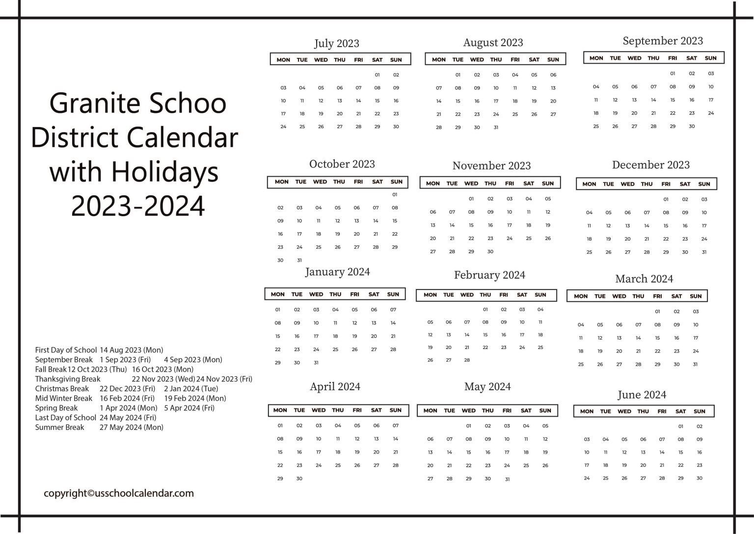 Granite School District Calendar with Holidays 2023 2024