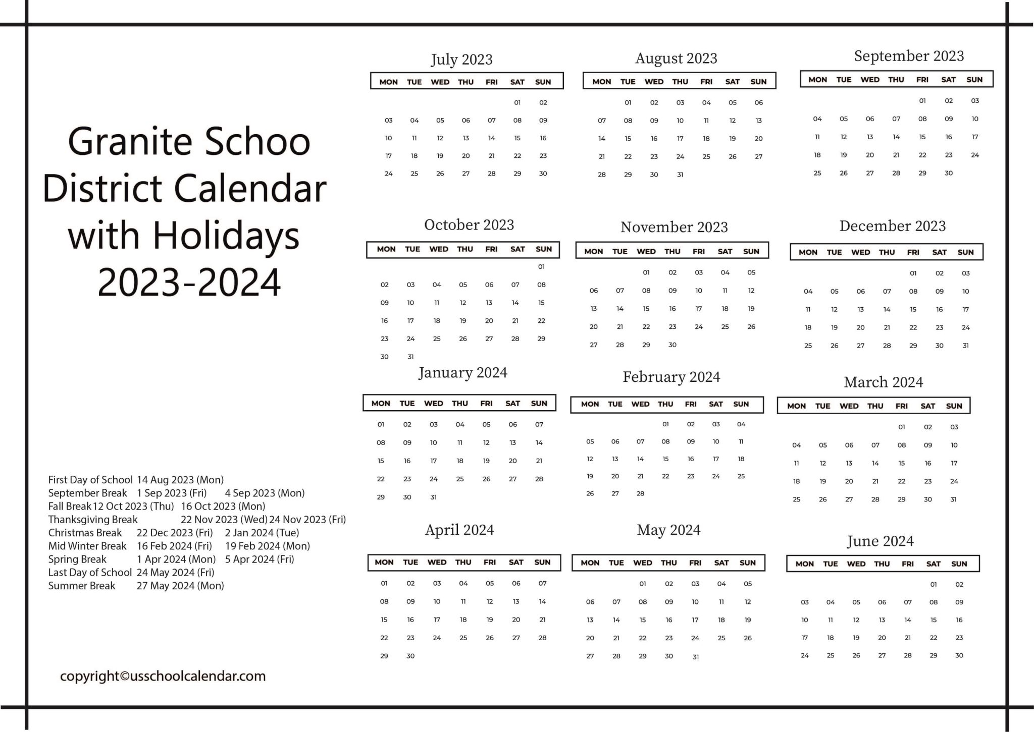 Granite School District Calendar with Holidays 20232024
