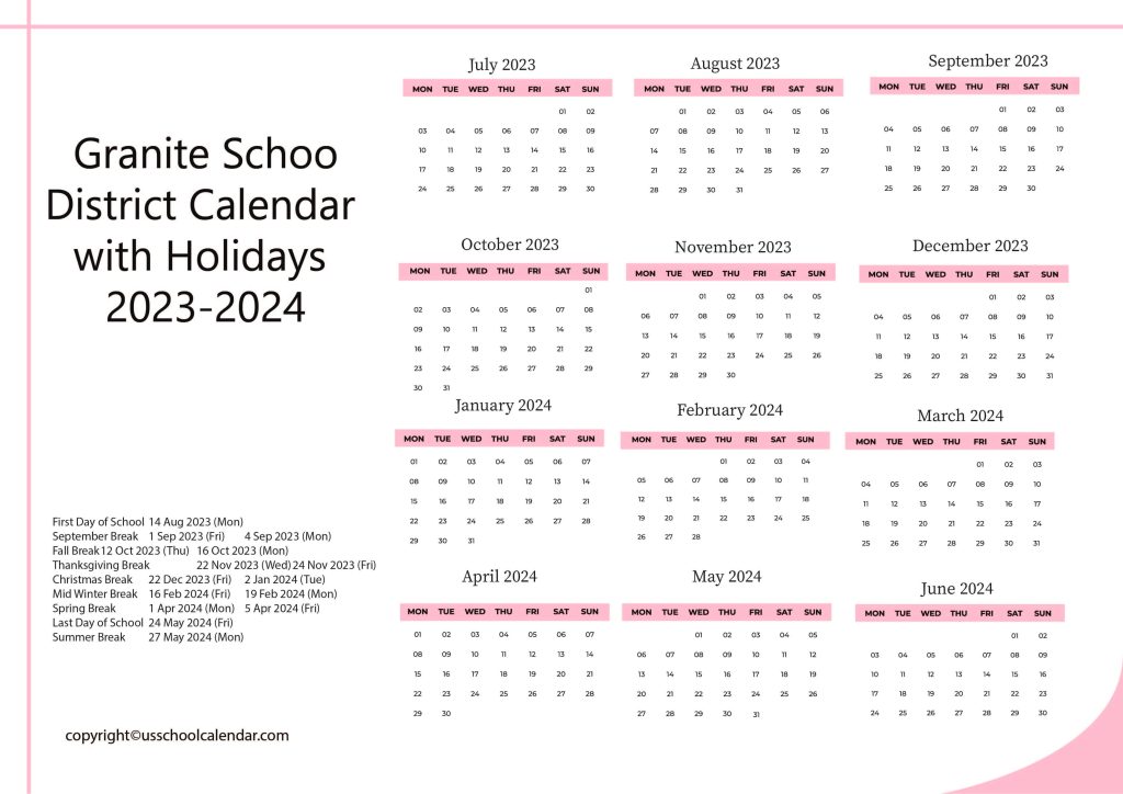 Granite School District Holiday Calendar