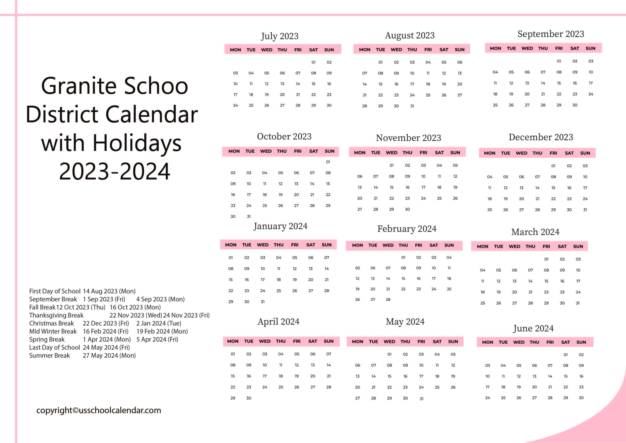 Granite School District Calendar with Holidays 20232024