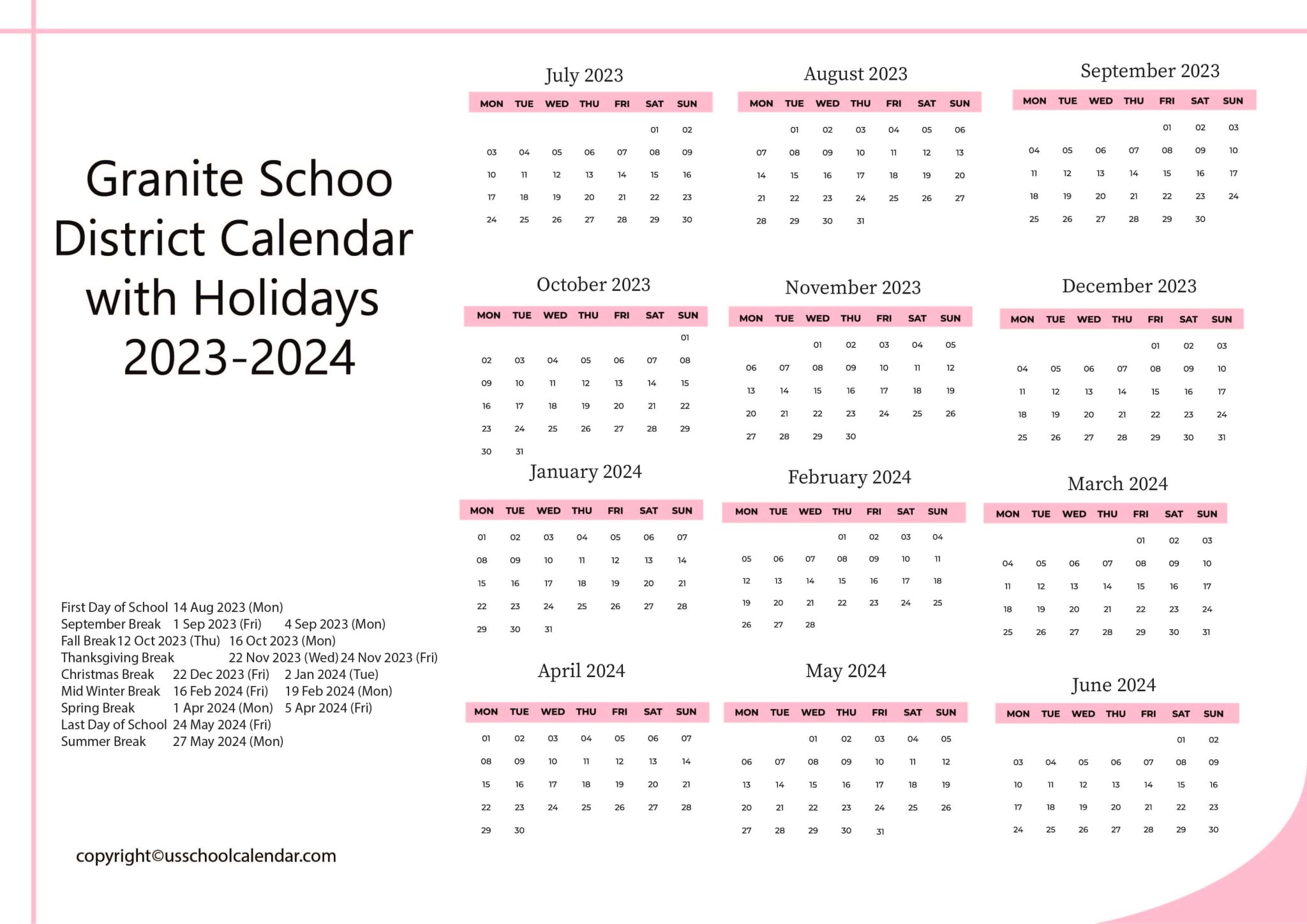 Granite School District Calendar With Holidays 2023 2024