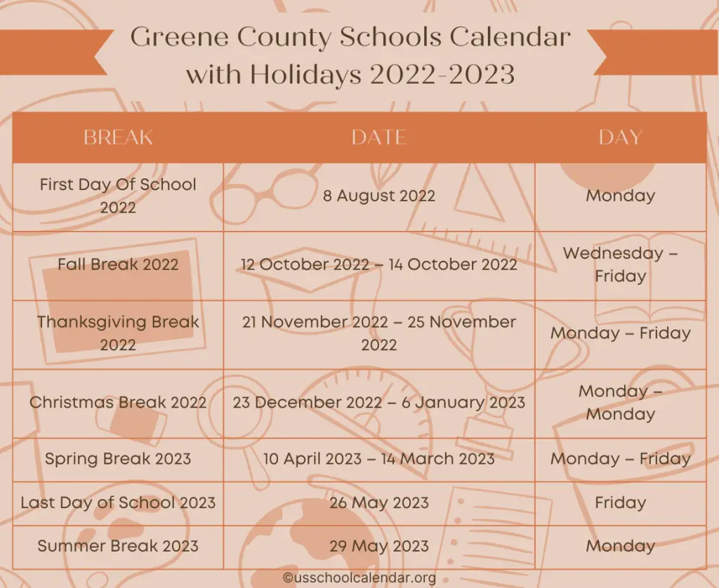 Greene County Schools Calendar with Holidays 2022-2023