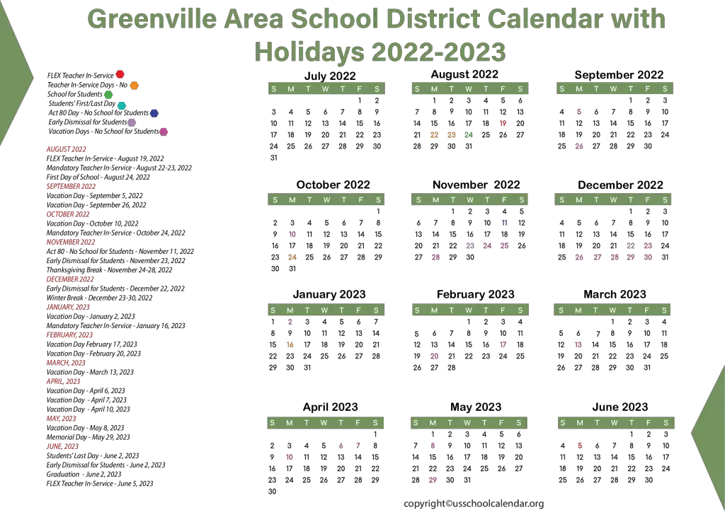 Greenville Area School District Calendar with Holidays 2022-2023