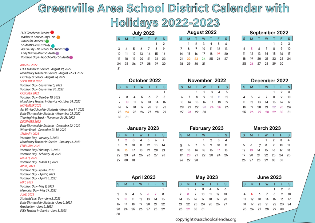 Greenville Area School District Calendar with Holidays 2022-2023 2