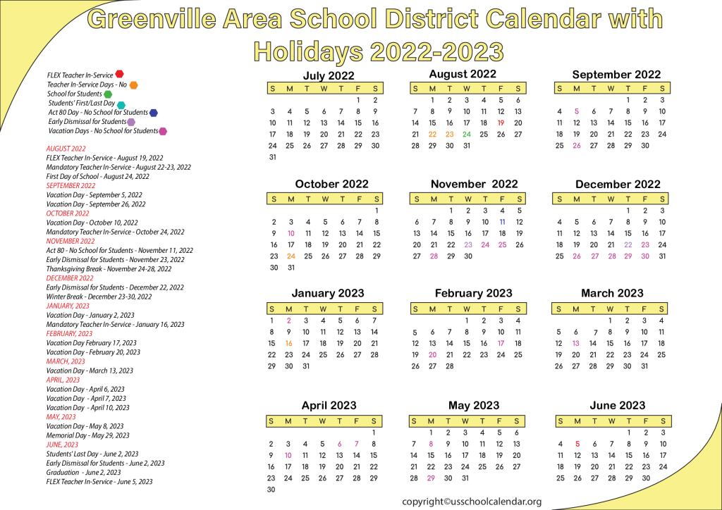 Greenville Area School District Calendar with Holidays 2022-2023 3