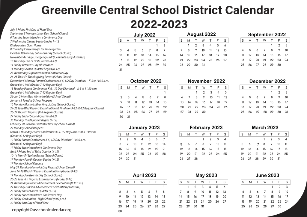Greenville Central School District Calendar 2022-2023