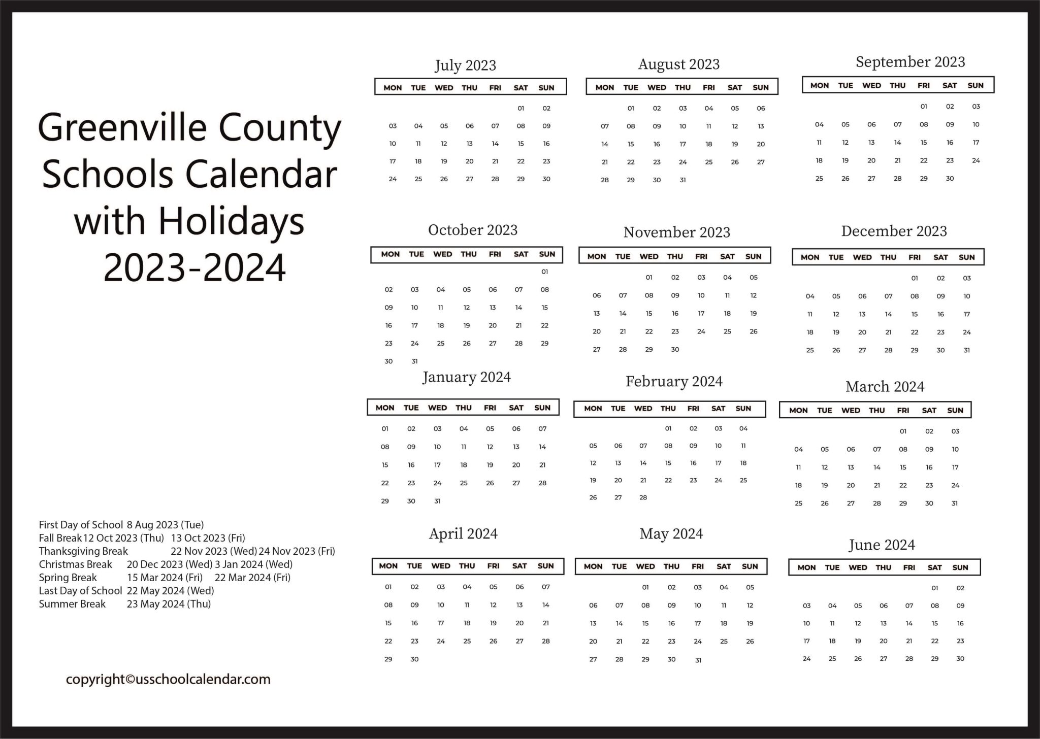 Greenville County Schools Calendar with Holidays 20232024