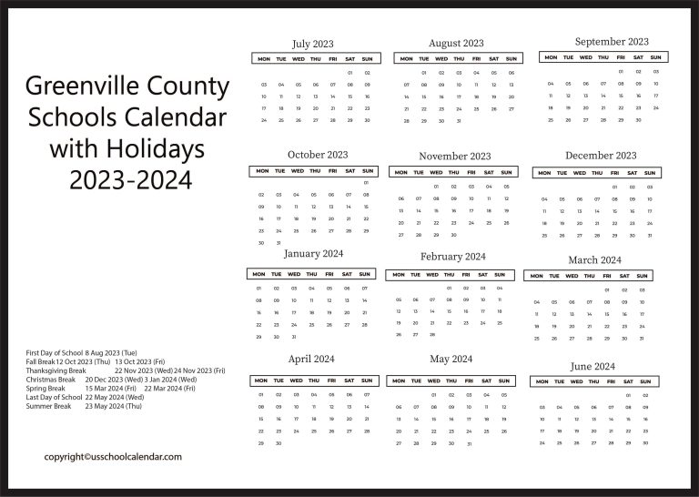 Greenville County Schools Calendar with Holidays 2023 2024