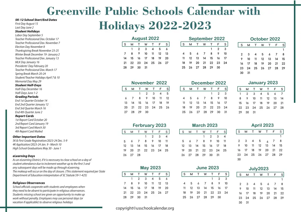 Greenville Public Schools Calendar with Holidays 2022-2023 2