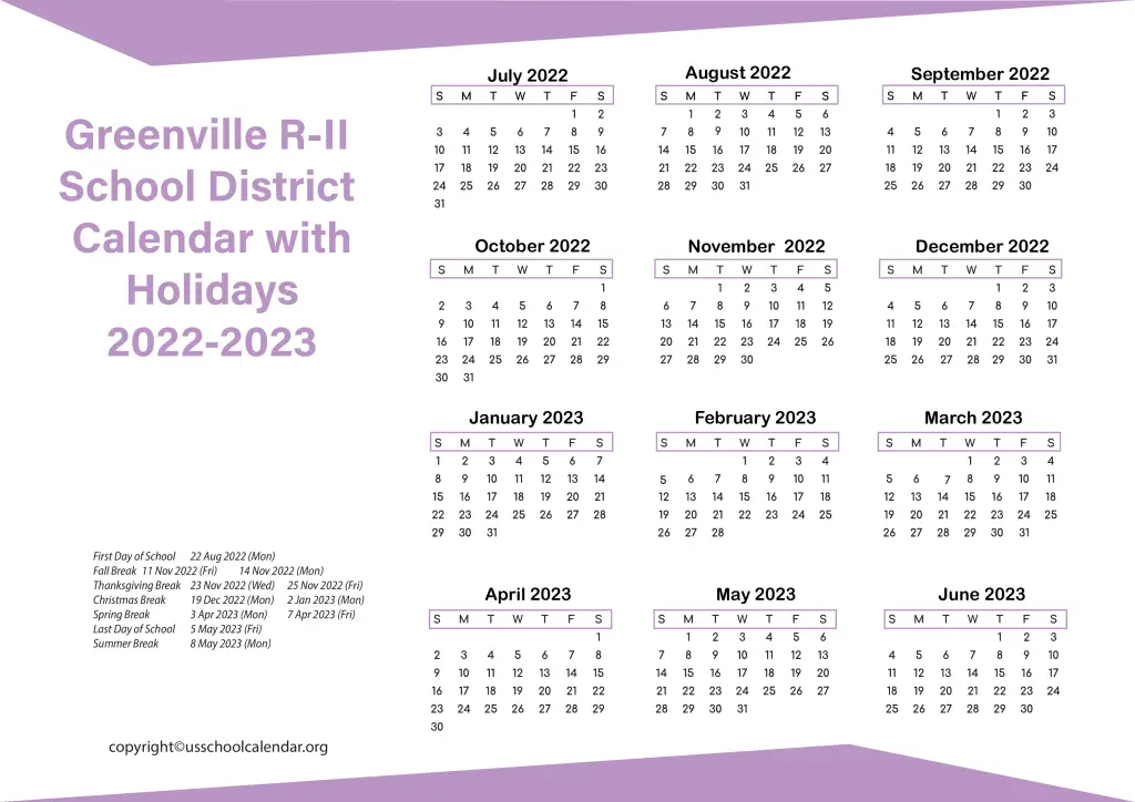 Greenville R-II School District Calendar with Holidays 2022-2023