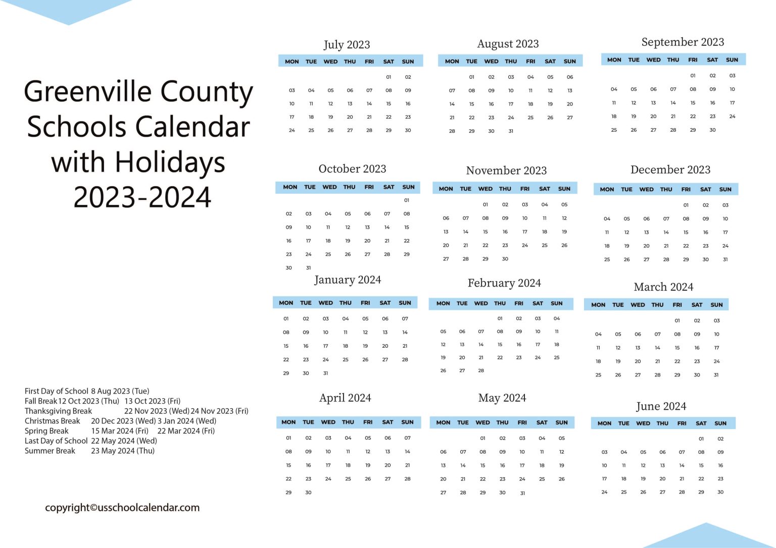 Greenville County Schools Calendar with Holidays 20232024