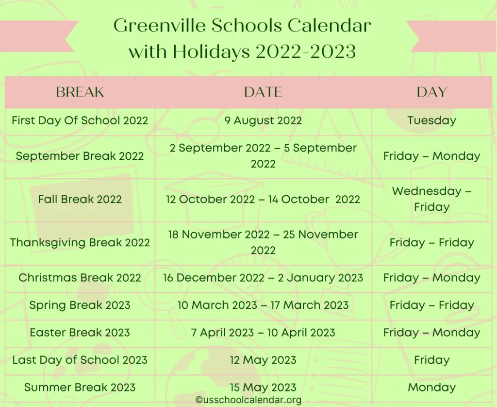 Greenville Schools Calendar with Holidays 2022-2023
