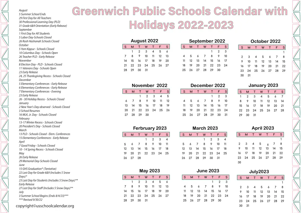Greenwich Public Schools Calendar with Holidays 2022-2023