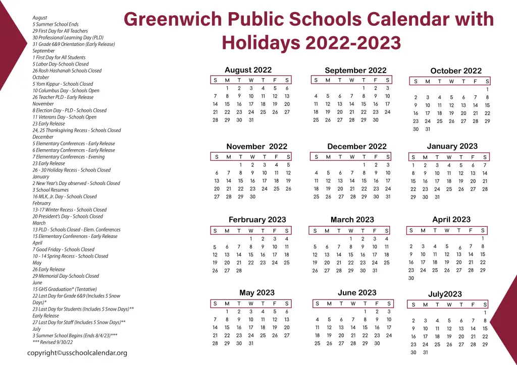 Greenwich Public Schools Calendar with Holidays 2022-2023 2