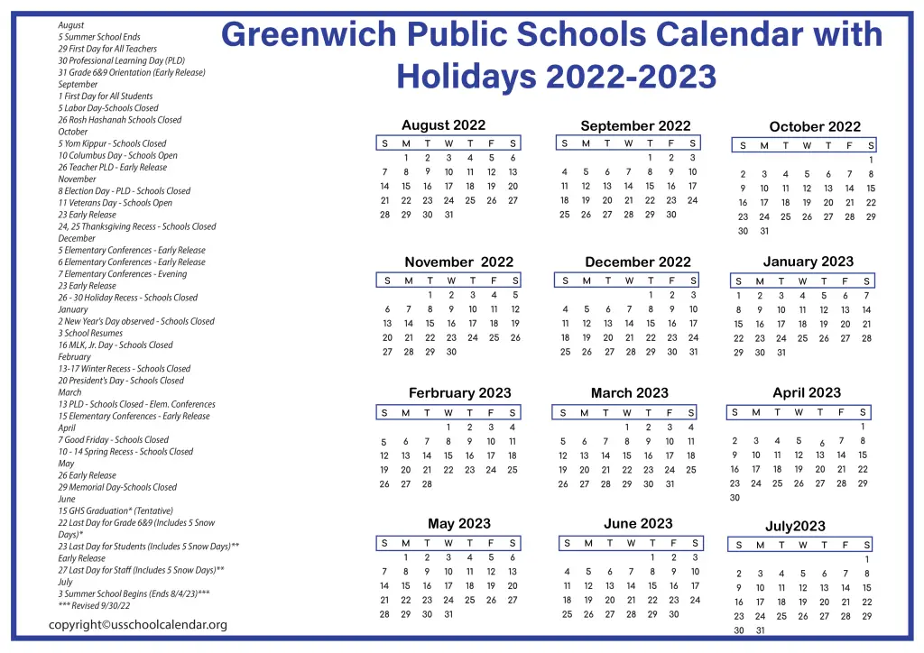 Greenwich Public Schools Calendar with Holidays 2022-2023 3