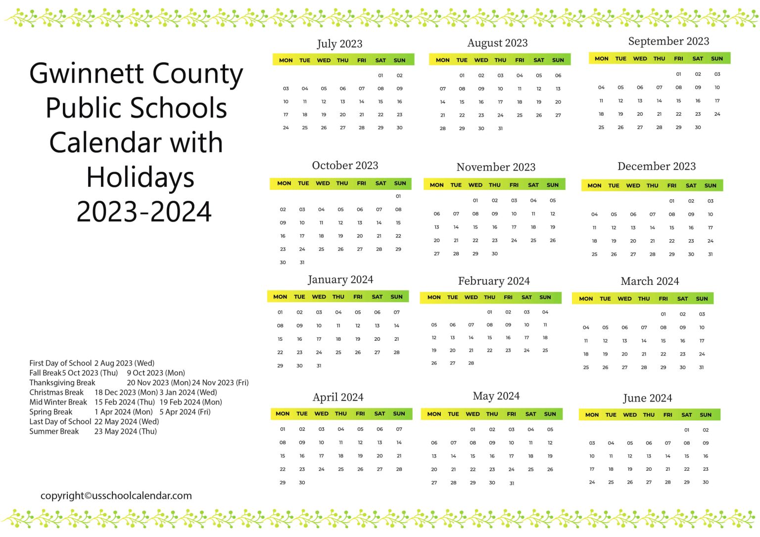 County Public Schools Calendar with Holidays 20232024