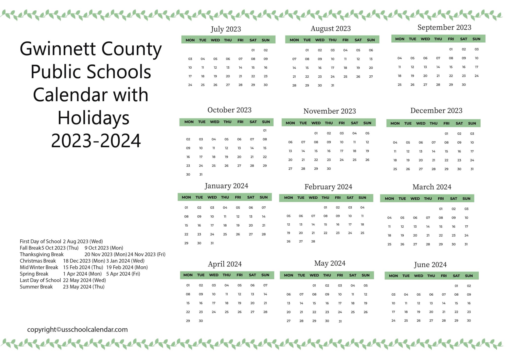 County Public Schools Calendar with Holidays 20232024
