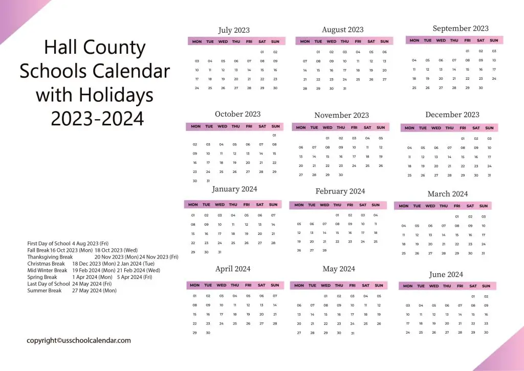 Hall County School District Calendar