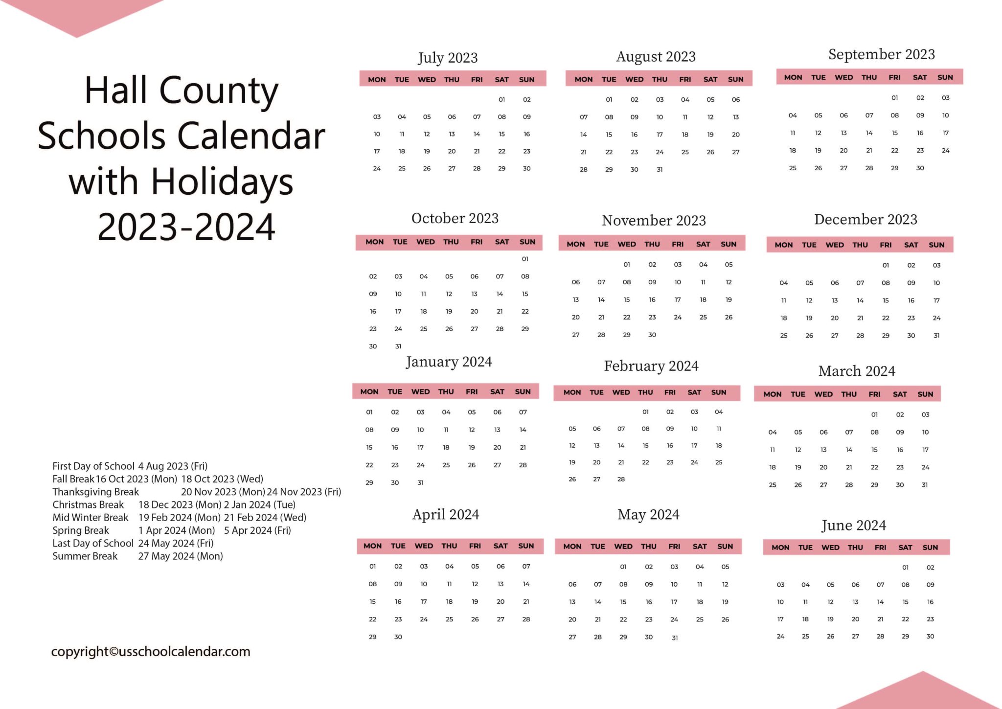 Hall County Schools Calendar with Holidays 20232024