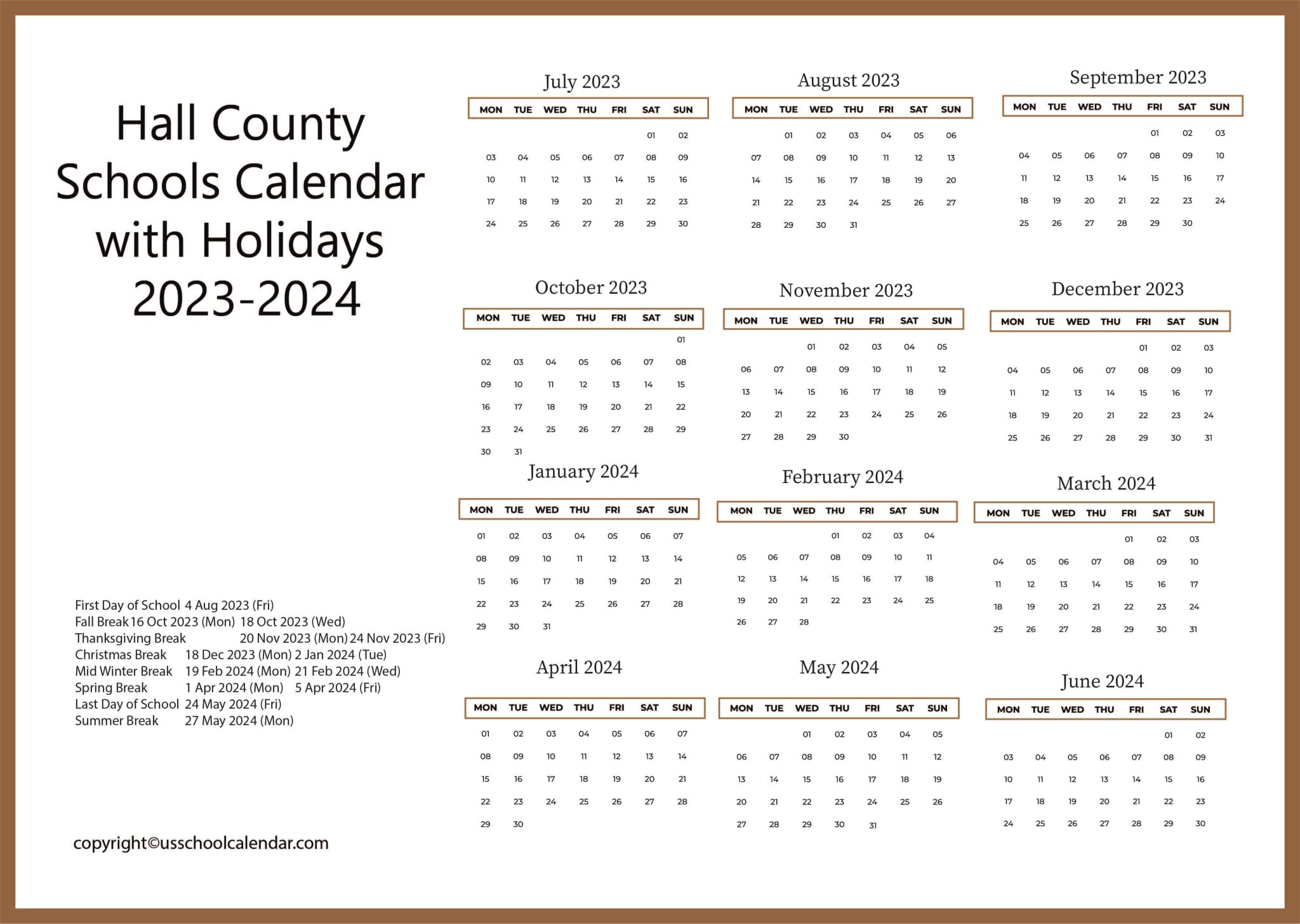 Hall County Schools Calendar with Holidays 20232024