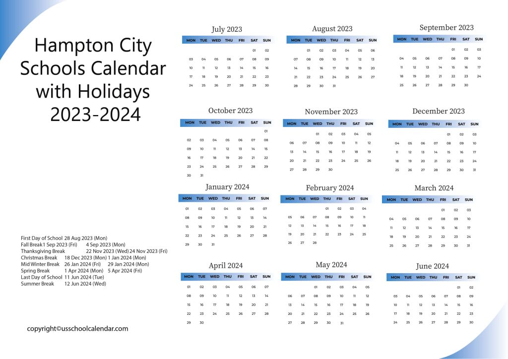 Hampton City School Calendar