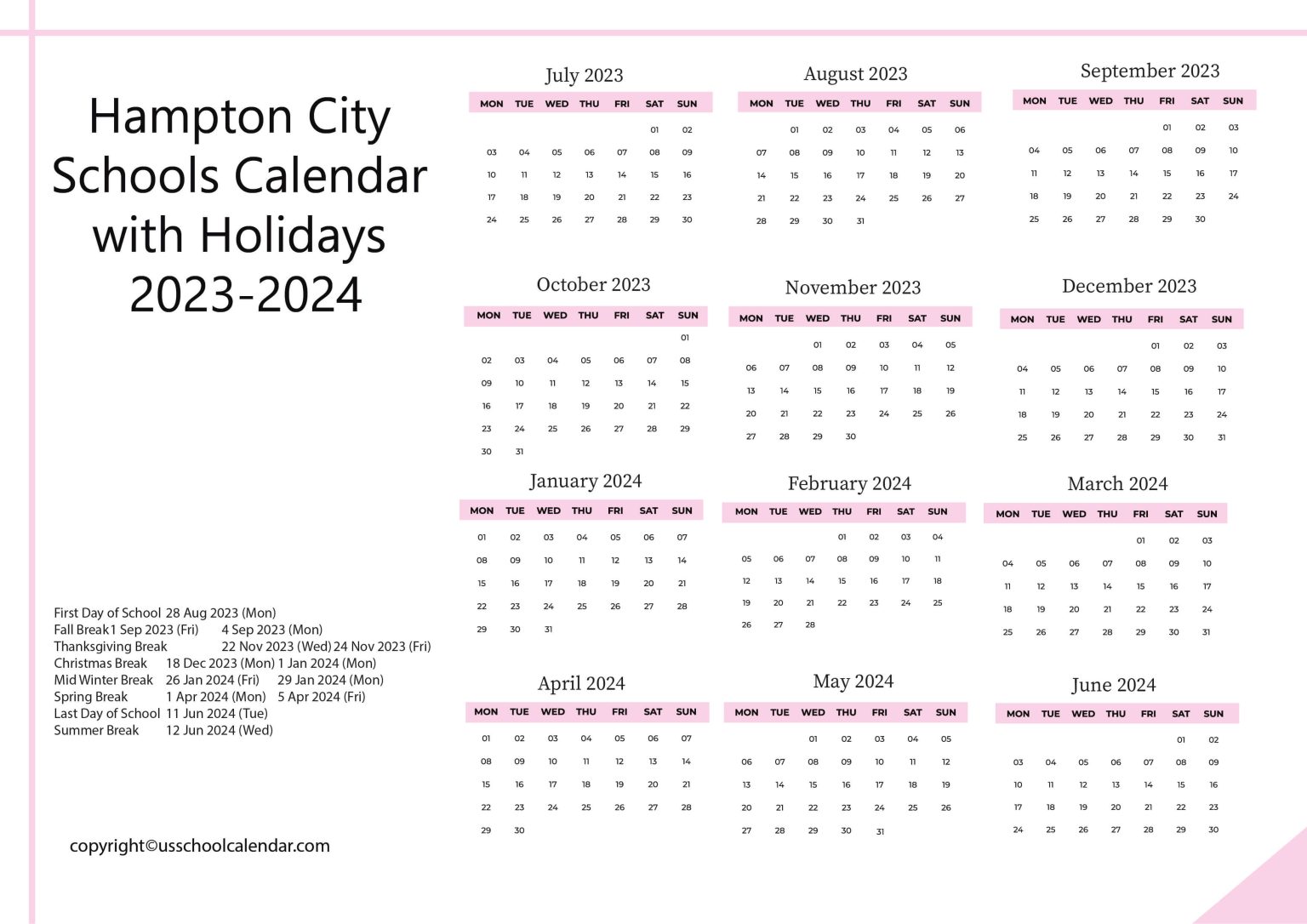 Hampton City Schools Calendar with Holidays 20232024