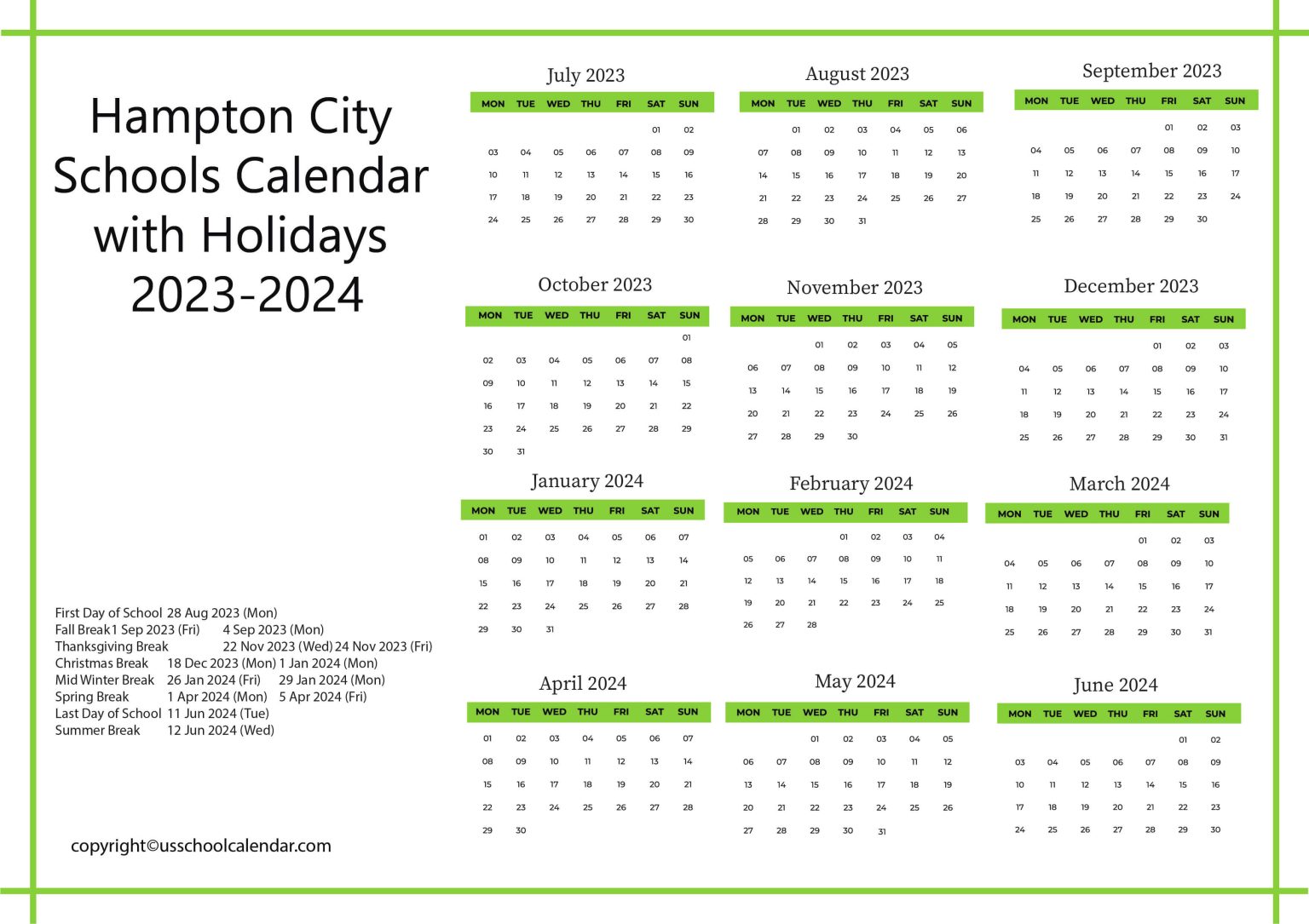 Hampton City Schools Calendar with Holidays 20232024