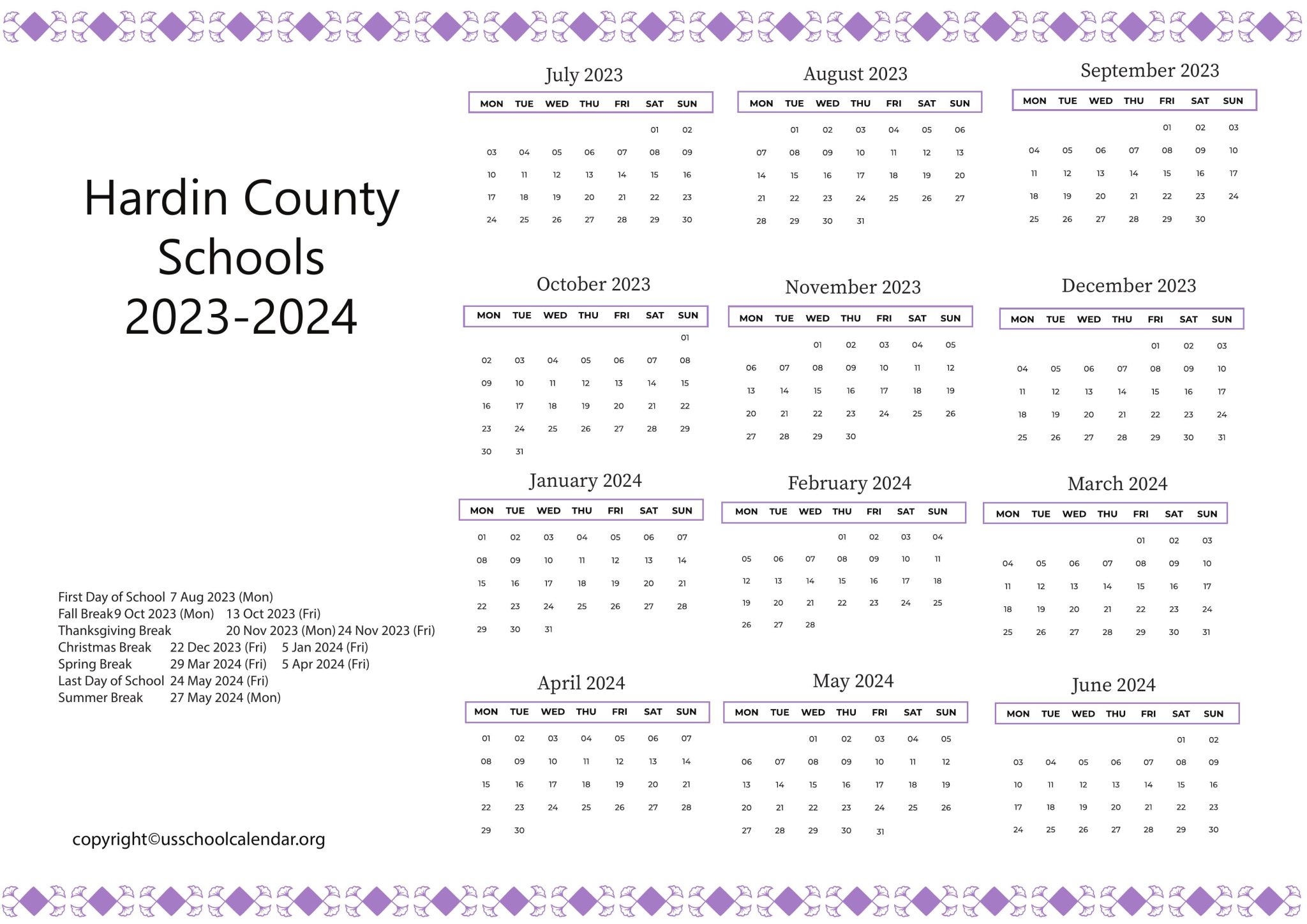Hardin County Schools Calendar with Holidays 20232024