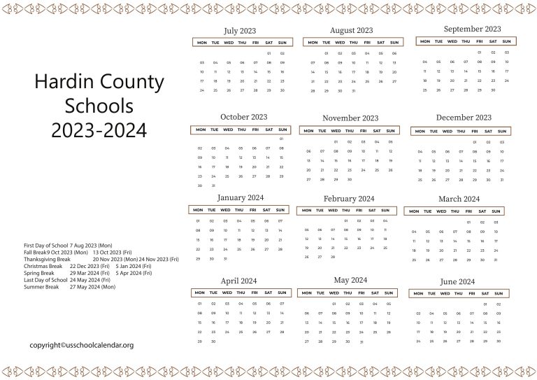 Hardin County Schools Calendar with Holidays 20232024