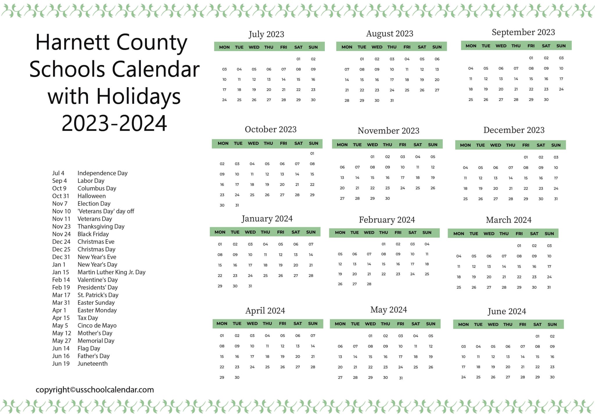 County Schools Calendar with Holidays 20232024