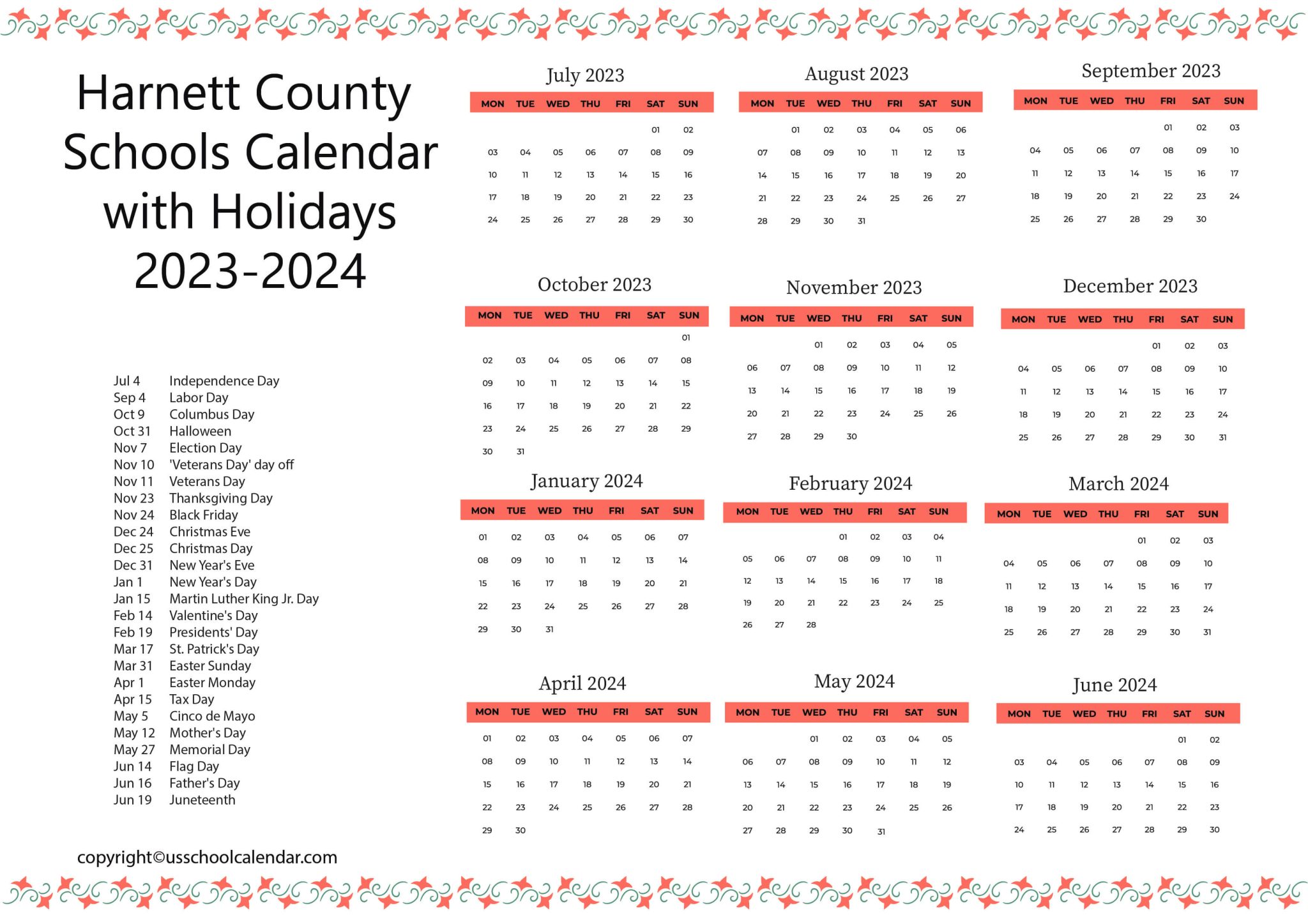 Harnett County Schools Calendar with Holidays 2023-2024