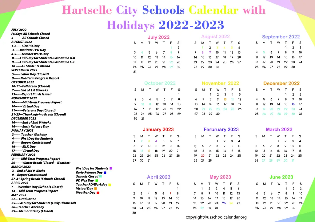 Hartselle City Schools Calendar with Holidays 2022-2023