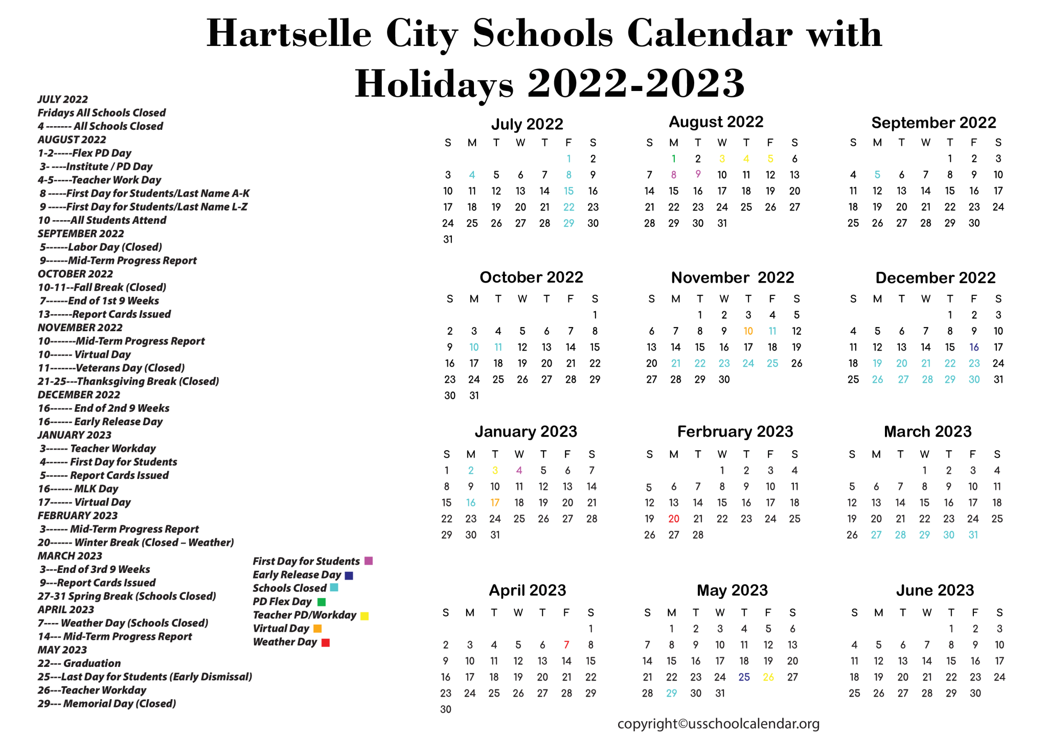 Hartselle City Schools Calendar with Holidays 2023