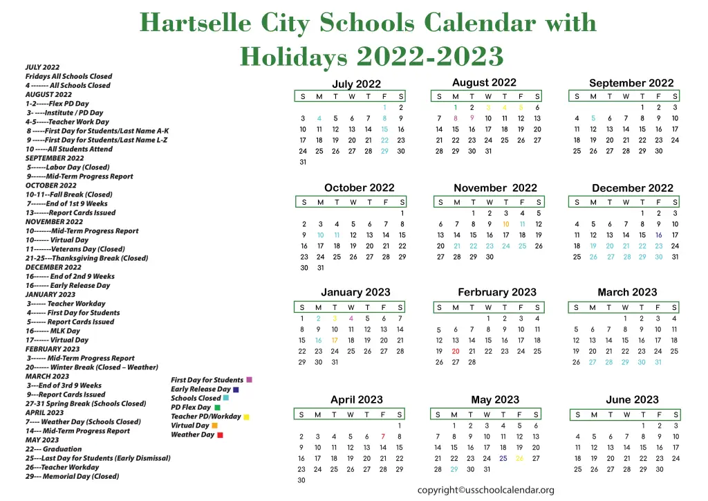 Hartselle City Schools Calendar with Holidays 2022-2023 3
