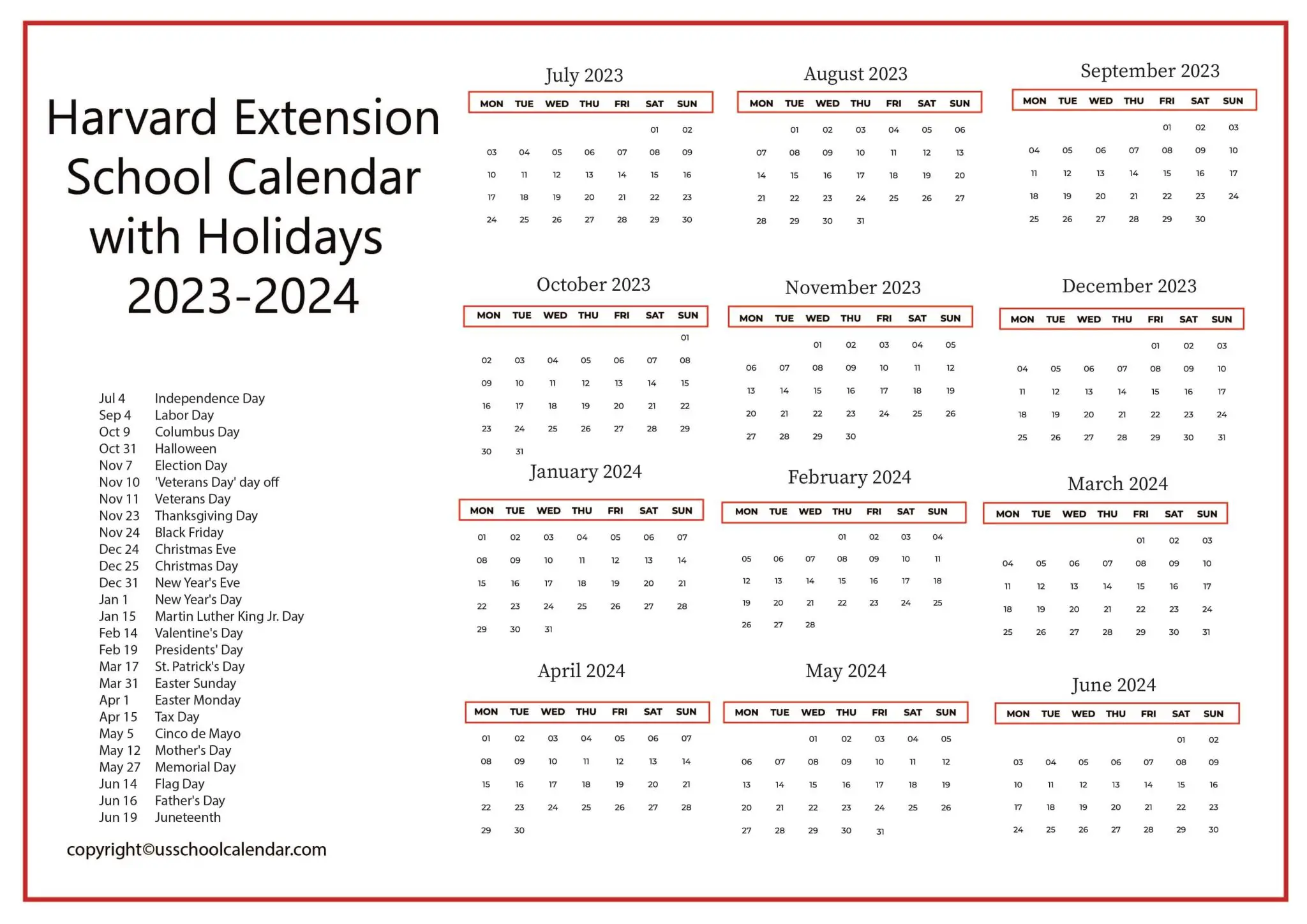 Harvard Extension School Calendar with Holidays 20232024