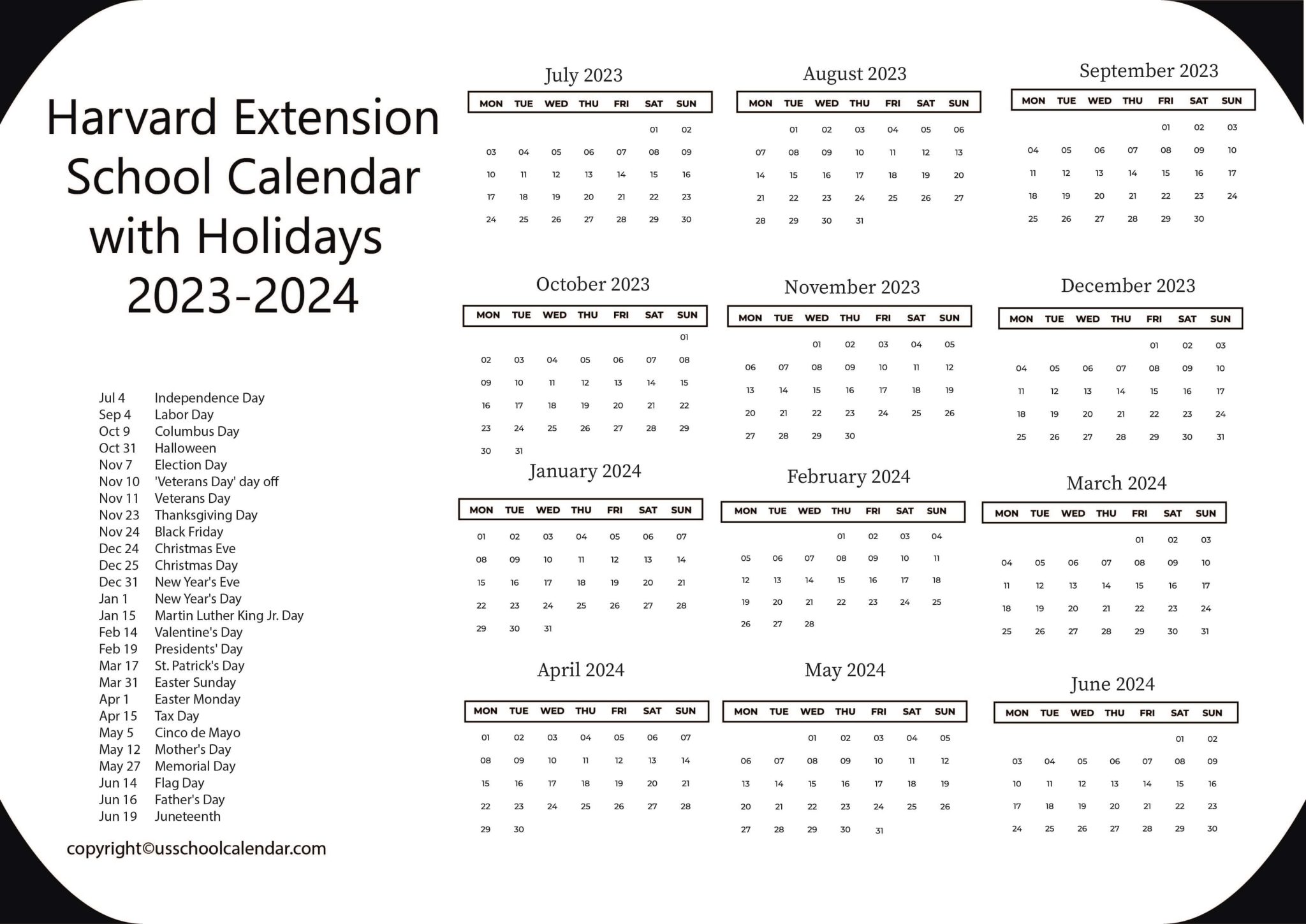 Harvard Extension School Calendar with Holidays 20232024