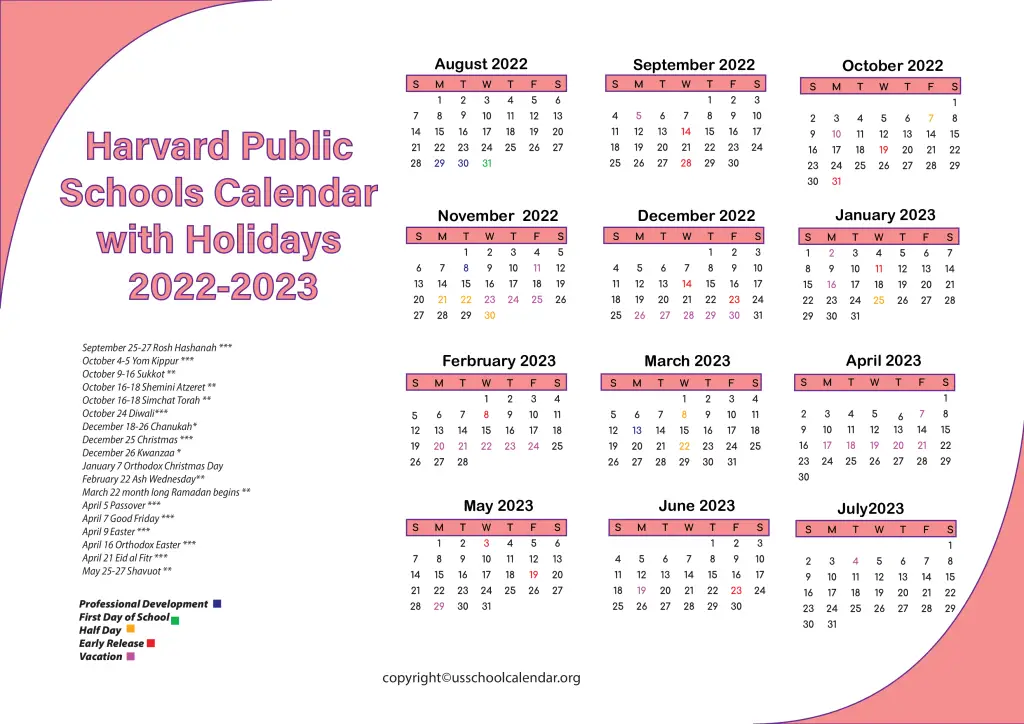 Harvard Public Schools Calendar with Holidays 2022-2023
