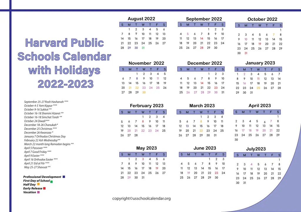 Harvard Public Schools Calendar with Holidays 2022-2023 2