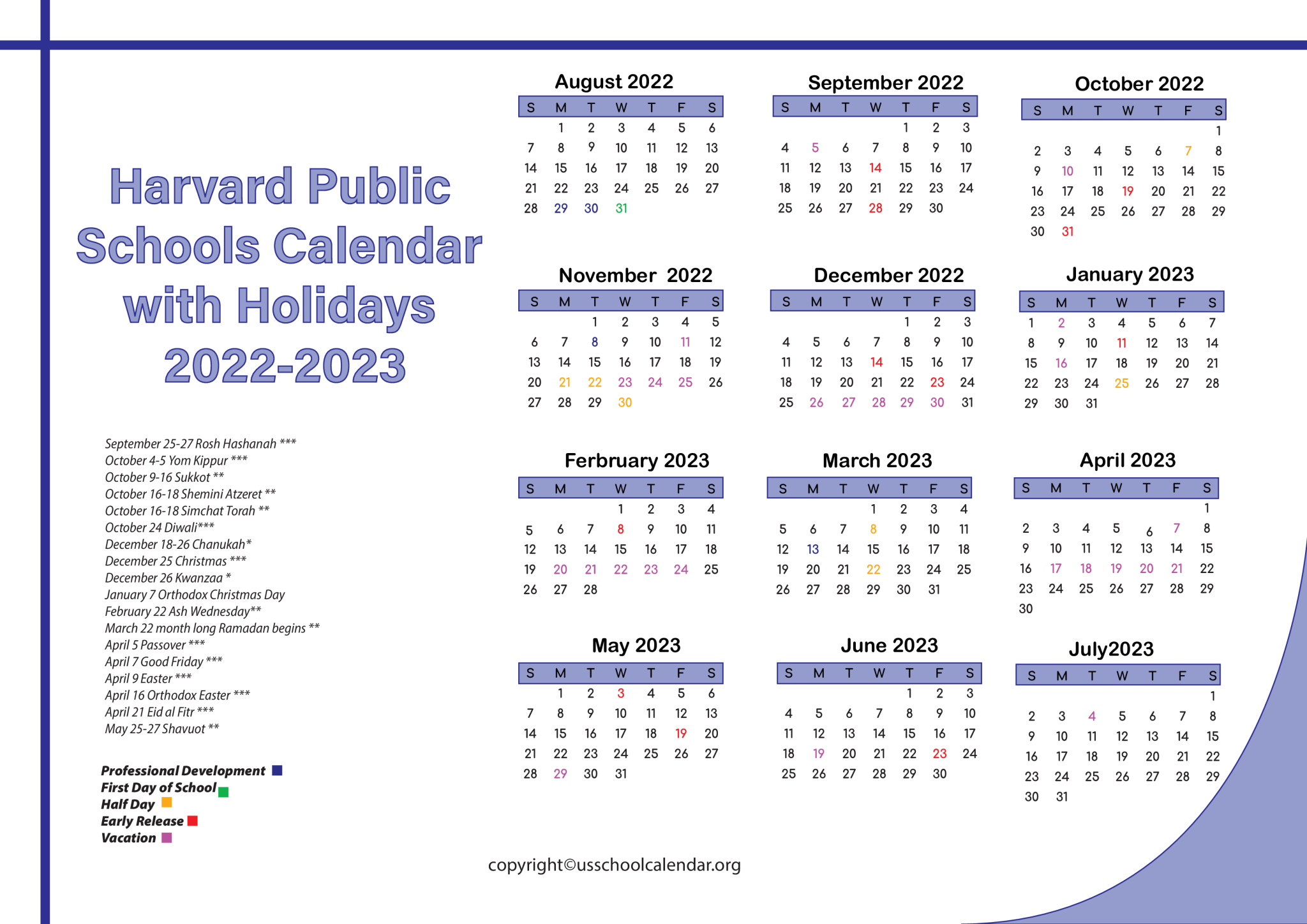Harvard Public Schools Calendar with Holidays 2023