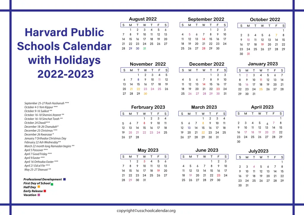 Harvard Public Schools Calendar with Holidays 2022-2023 3