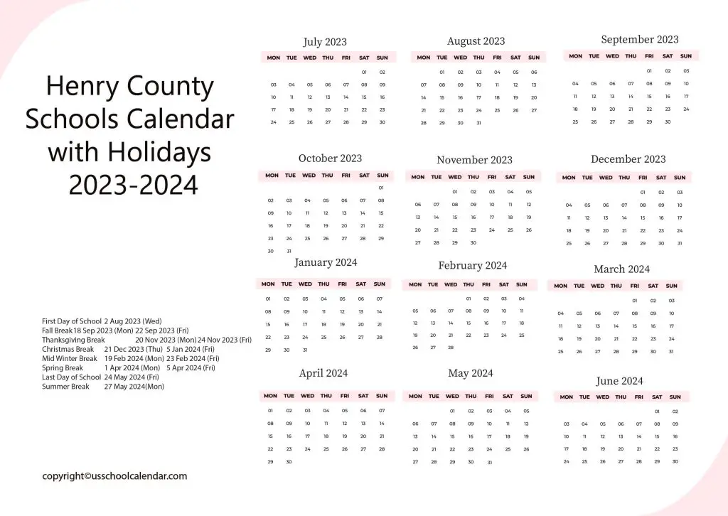 Henry County Schools Calendar With Holidays 2023 2024