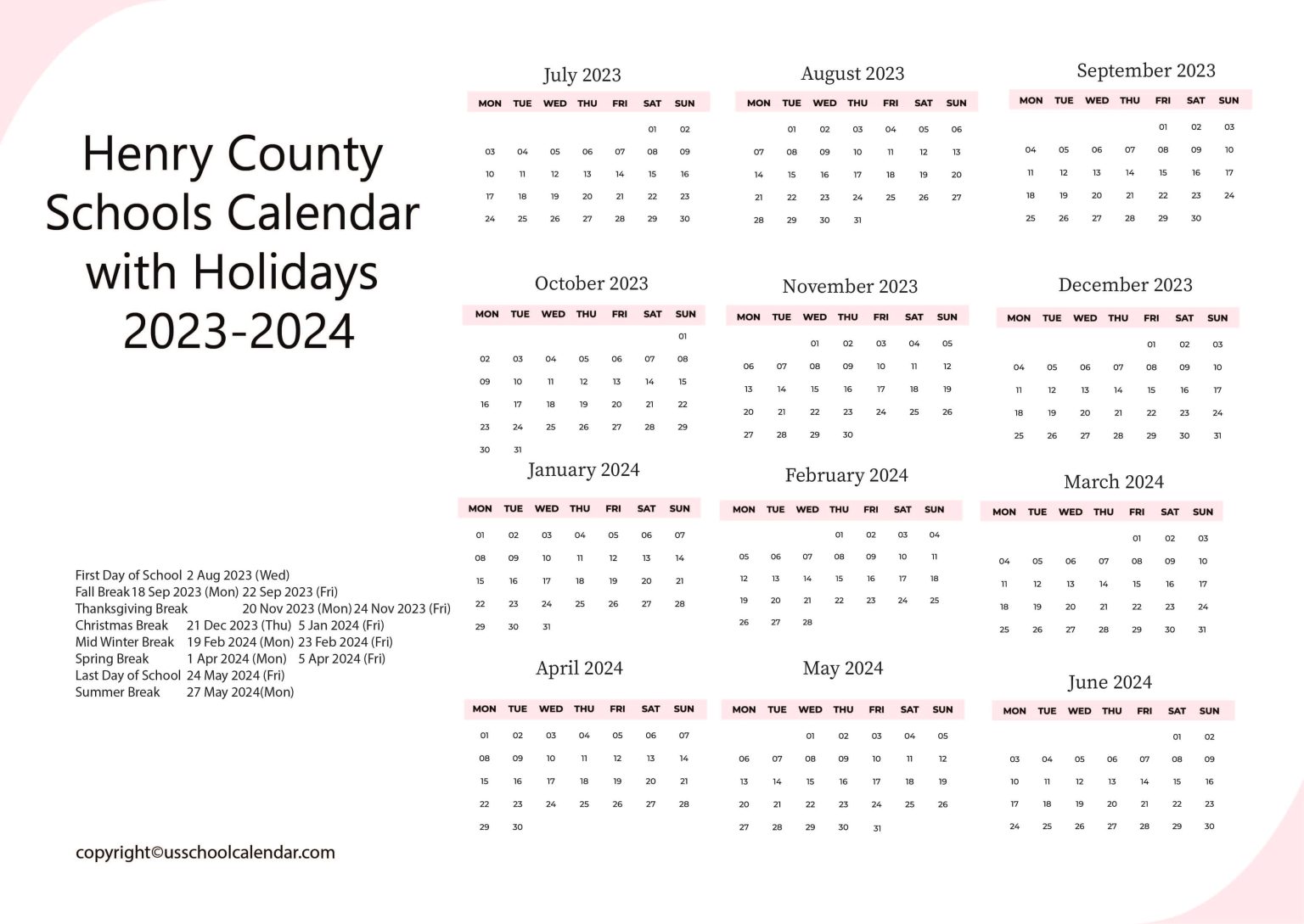 Henry County Schools Calendar with Holidays 20252025