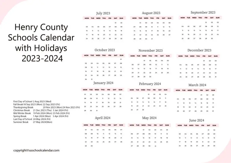 Henry County Schools Calendar with Holidays 2023 2024