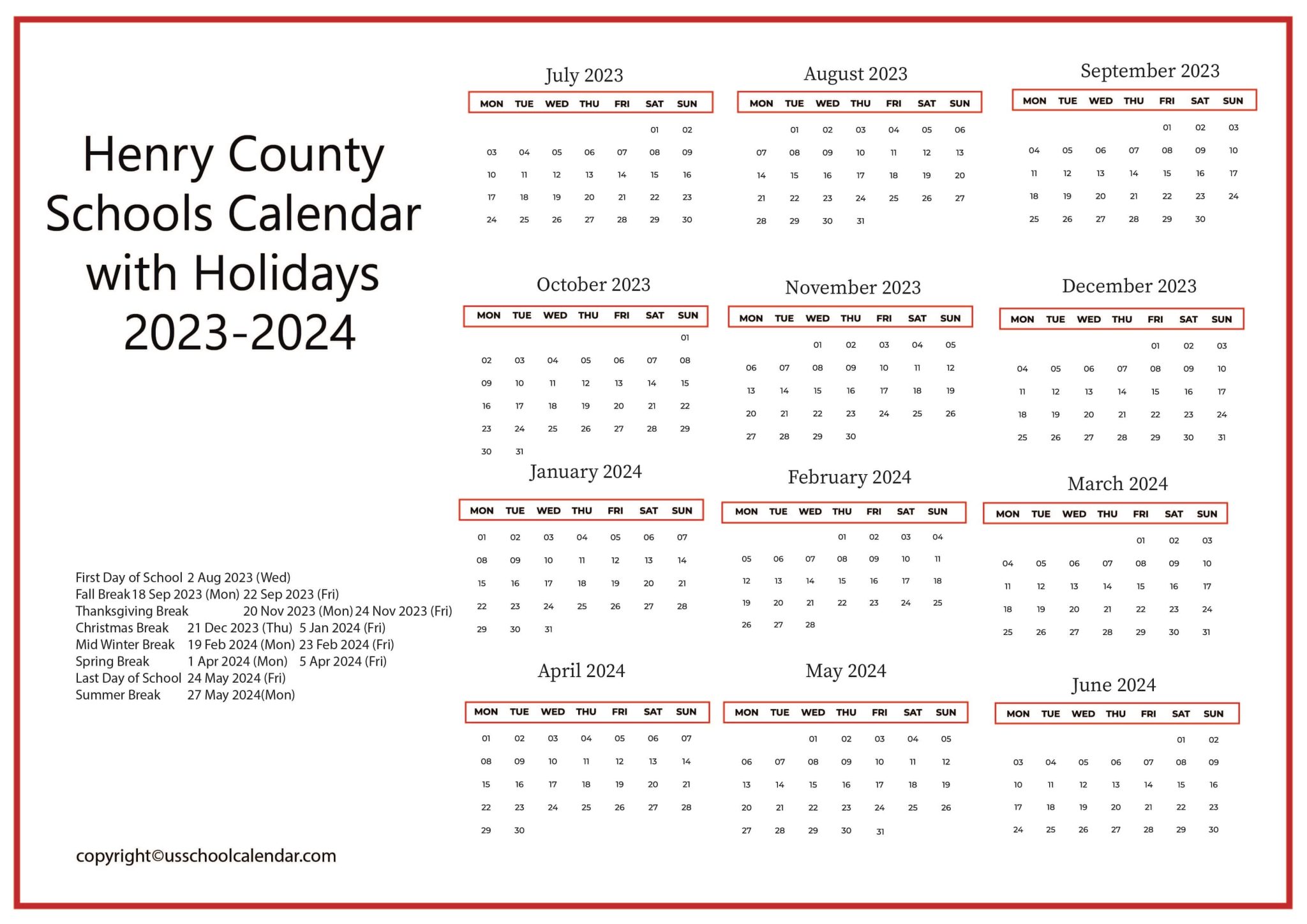 Henry County Schools Calendar with Holidays 20232024