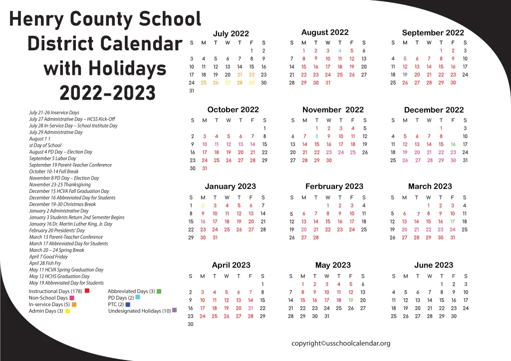 Henry County School District Calendar with Holidays 2022-2023