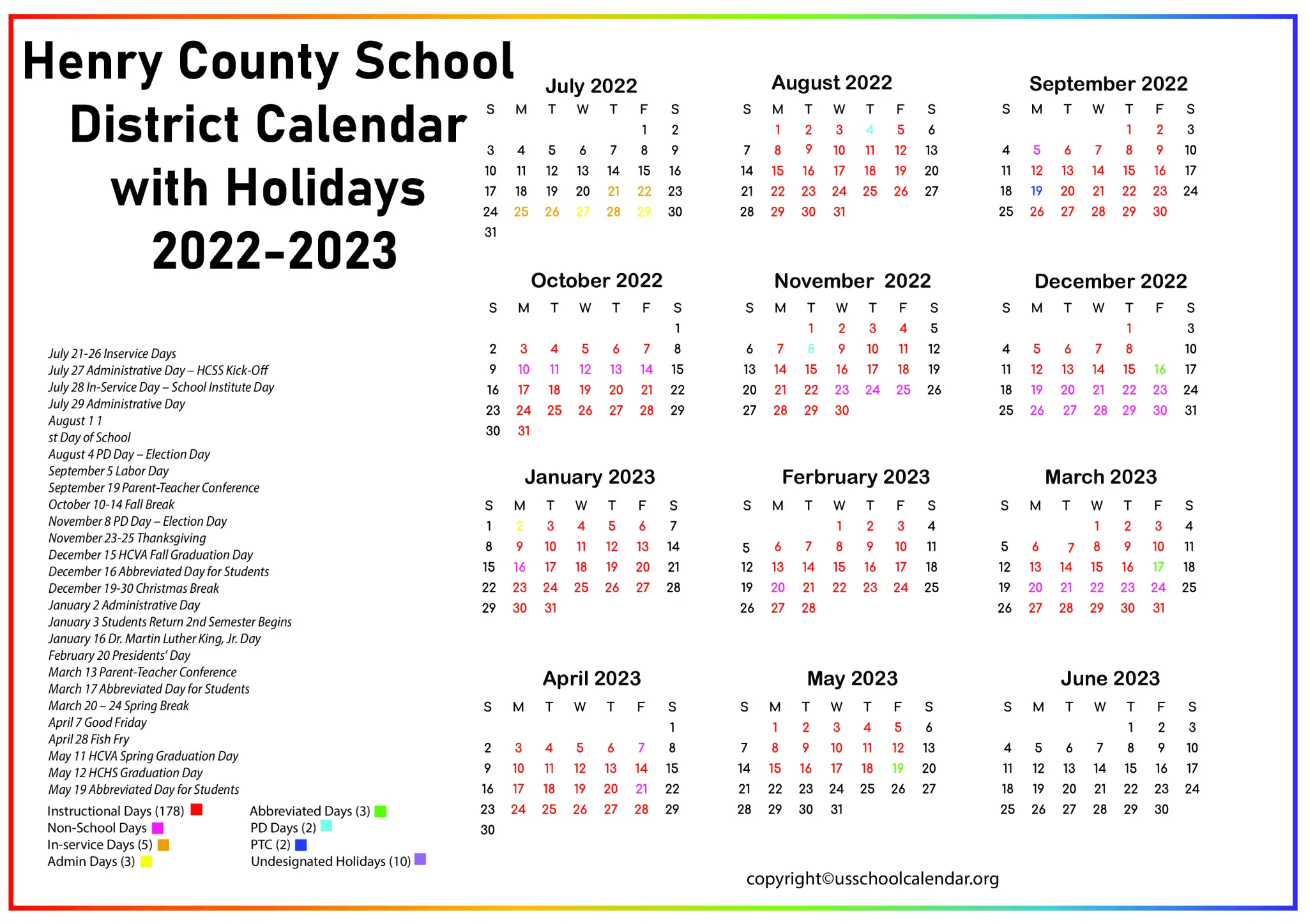 Henry County School District Calendar with Holidays 2023