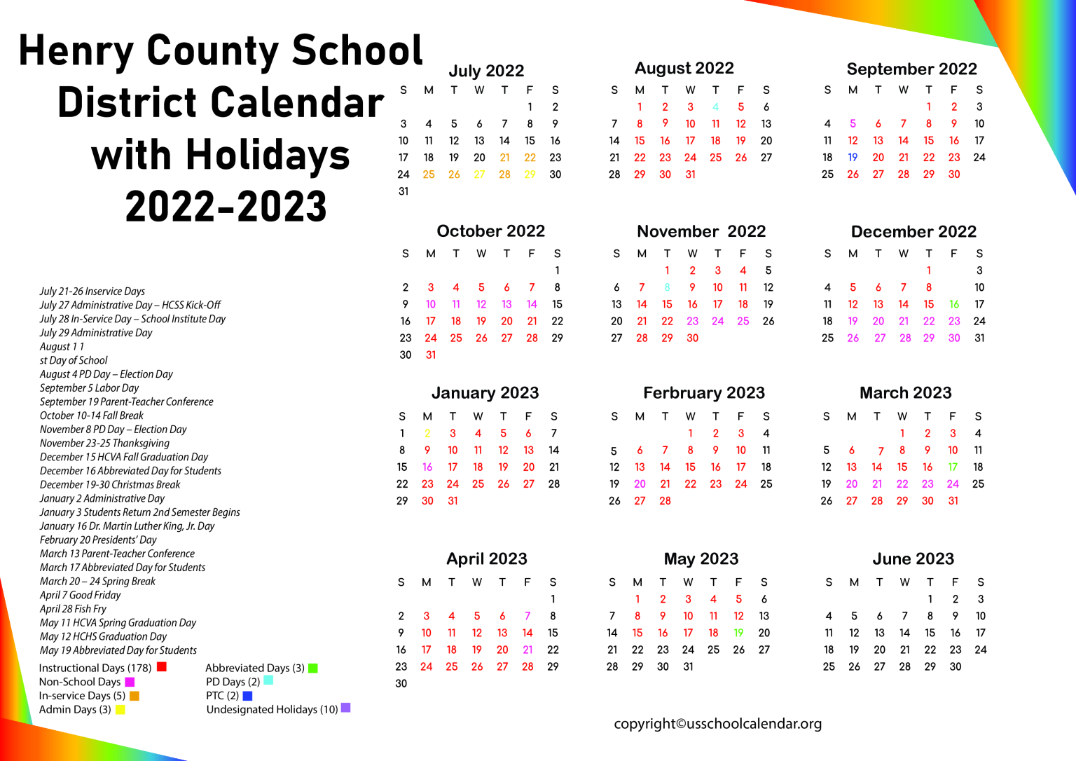 Henry County School District Calendar with Holidays 2023