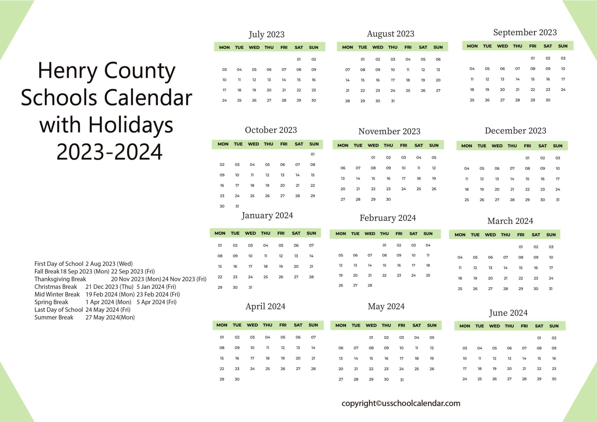 Henry County Schools Calendar with Holidays 20232024