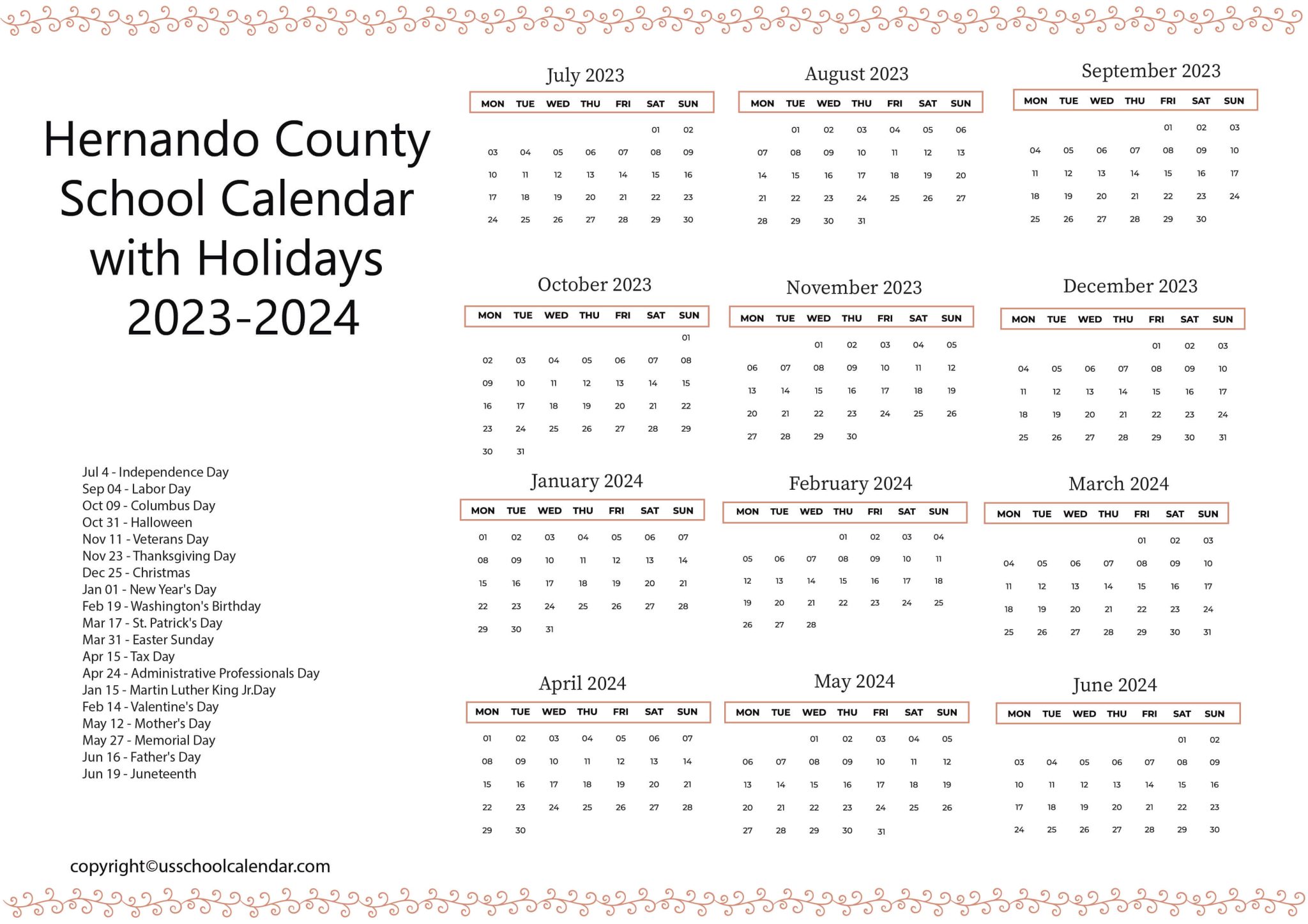 Hernando County School Calendar with Holidays 20232024