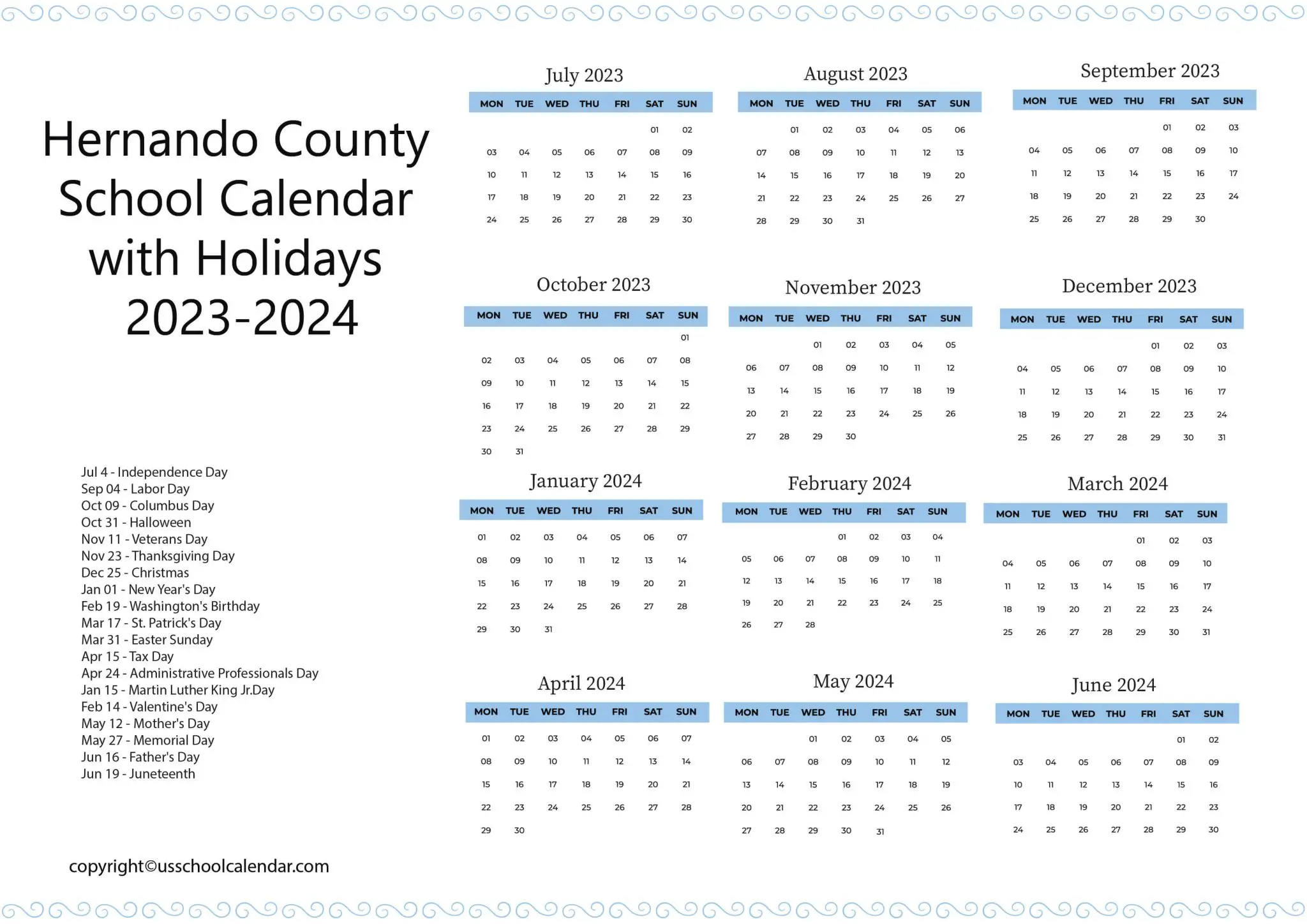 Hernando County School Calendar with Holidays 20232024
